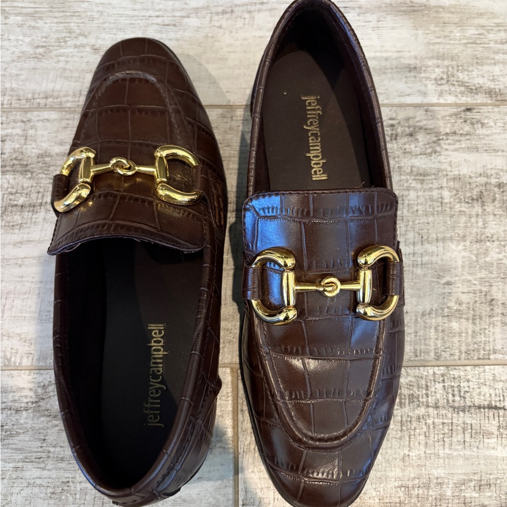 Jeffrey Campbell Croc-Embossed Brown Loafers with Gold Buckle